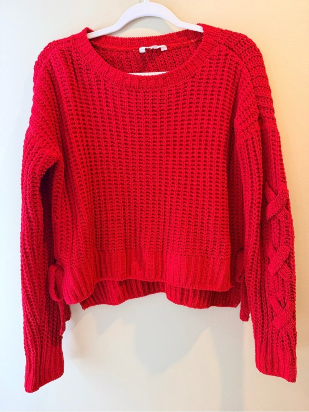 Candie's Cherry Red Crochet Knit Sweater Braided Bow Sleeves Size M